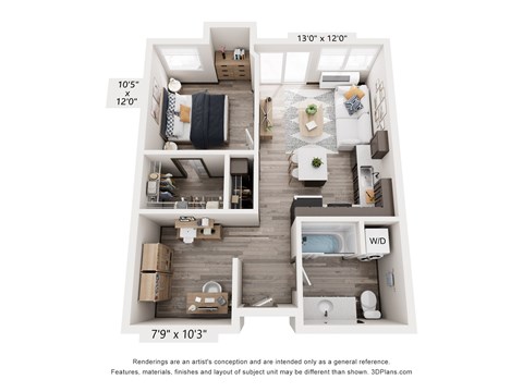 Floor plan for 1 bed, 1 bath, 637 sqft